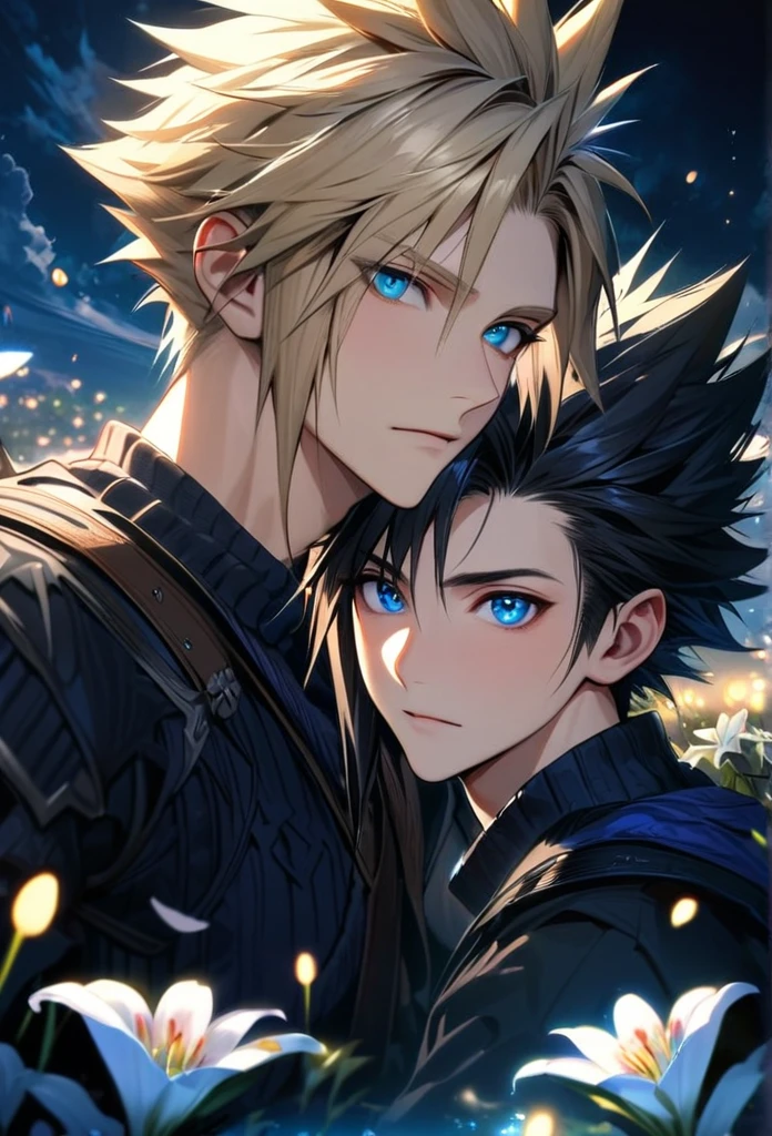 absurdres, highres, ultra detailed, HDR, master piece, best quality, Zack, black hair, expressive blue eyes, Final Fantasy, Cloud Strife, blond hair, expressive blue eyes, 2men together, handsome, petals, white lilies, moon, fireflies, extremely detailed face and eyes