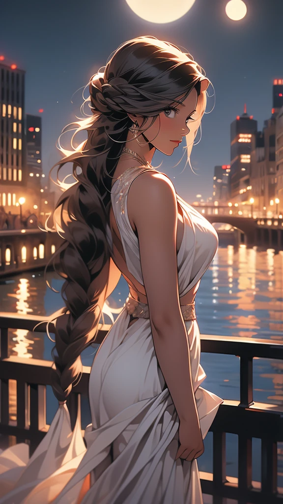 a woman standing on a bridge looking out over a river at a cityscape, 1girl, solo, braid, long hair, night, dark-skinned female, moon, dark skin, cityscape, city lights