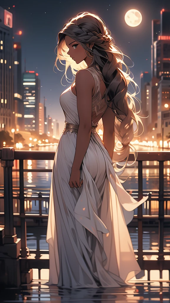 a woman standing on a bridge looking out over a river at a cityscape, 1girl, solo, braid, long hair, night, dark-skinned female, moon, dark skin, cityscape, city lights