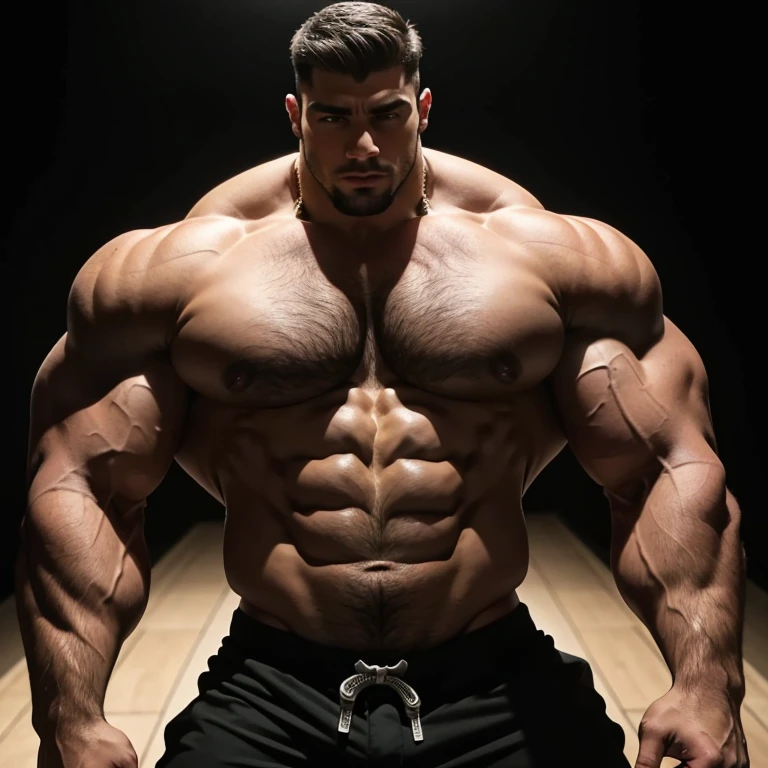 a young and very handsome man, massively muscular, with massively large muscles, with massively large and muscular biceps, with massively large and muscular arms, massively muscular bodybuilder, extremely large muscular, shirtless, on a black background seen from a very close