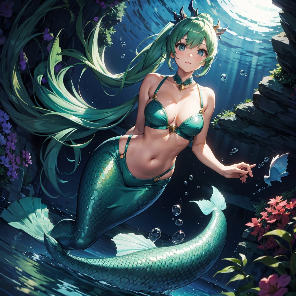 Whole body scales、mermaid、Night Aquarium、deep sea、In the water、Green Hair、High up ponytail、Beautiful breasts、