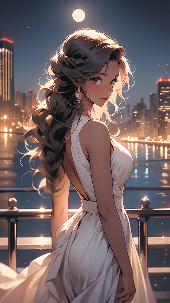 a woman in white dress looking at the city and over the water, 1girl, solo, braid, long hair, night, dark-skinned female, moon, dark skin, cityscape, city lights