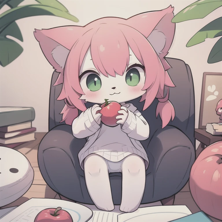 bset quality,solo,pigtails,tail,neko_hakase drinking fruit,sit,neko_hakase drinks apple,furry,chibi, cute detailed eyes,hairy