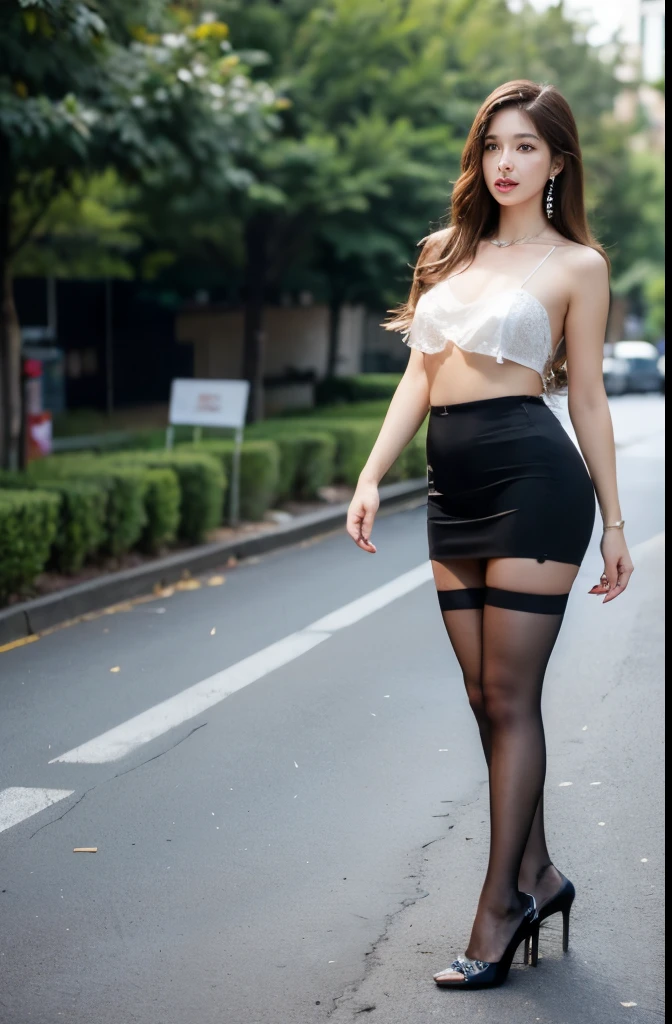 (masterpiece:1.3), (8 thousand, realistic, RAW photos, best quality: 1.4), (1 woman),(((short skirt))), (shirt), (suit), (((양쪽 다리와 양쪽 발에 짙은색 realistic 불투명한 커피색 panty hose : 1.3))), (Stockings on both legs), (((Two beautiful little feet in stockings and black high heels with high heels.))), (((full body shot))), (outdoors in sunny weather), (walking like a model), (Beautiful makeover), (((very slim and beautiful body))) , (((Realistic and very beautiful face))), (long eyelashes), (double eyelid), (((Very beautiful eyes, realistic and delicate))), (((big bust))) , (Strong body through exercise), (beautiful abs), (Beautiful heaps), (((tall))), (((brown hair, parted, long hair:1.3))), (아름다운 parted스타일), (realistic and beautiful skin), (absurd), (attractive), (ultra high resolution), (extremely realistic), (very detailed), (golden ratio), (((Two long, realistic and beautiful legs))), (realistic 팔), (necklace), (earring),(beautiful nails manicure), (So beautiful and sexy), (perfect secretary look), (((high nose))), (((small nostrils))), (((beautiful mouth))), (((seductive lips))), (((big bust)))