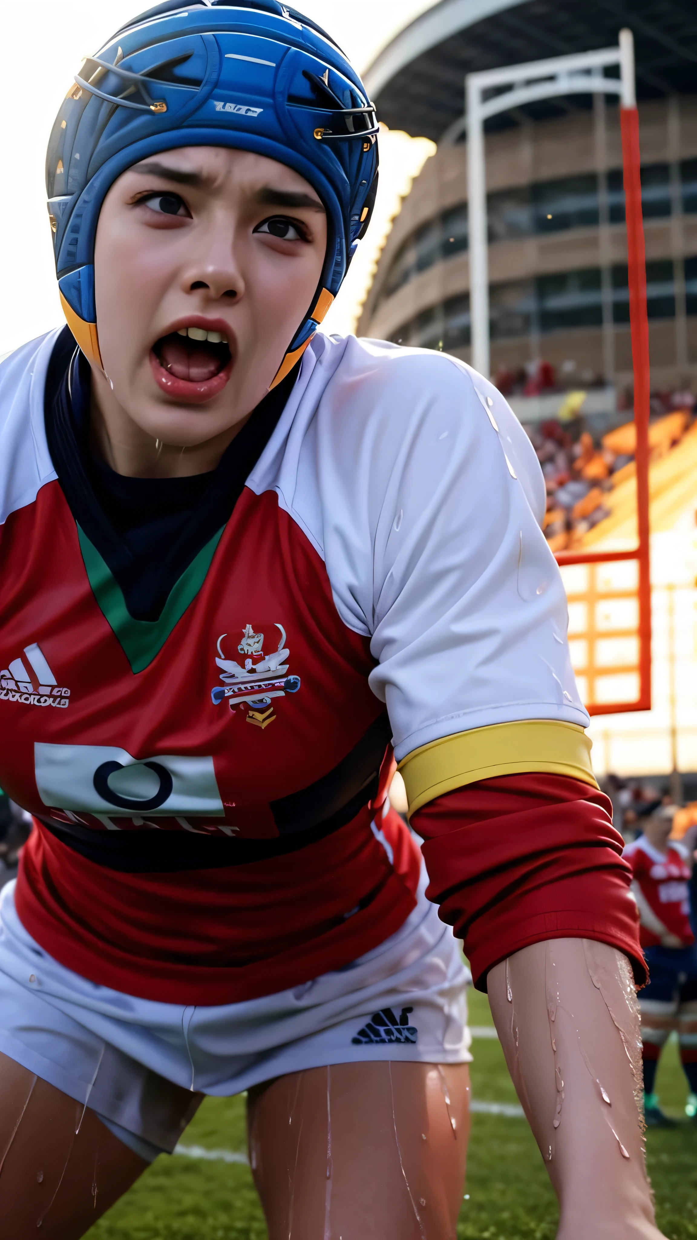 { 1 girl, ((rugby uniform, crouching on grass, holding rugby ball)), ((crowded stadium)) }, { (masterpiece:1.4), (absurd resolution:1.4), (best quality:1.6), (photo realistic:1.8), (Luminous lighting:0), (Chiaroscuro:1.3) }, { (young, cute, beautiful, 20 years old), ((makeups)),(blushed:1.2),(weeping:0),(eyes rolled up:0),(afraid:0),(scared:0),(sexually aroused:0),(panting:0),(seductive smile:0),(yelling:1.3),(angry:1.2), ((wet)),(((oily glossy skin))),((slender body, hourglass body)),((tight abs)),(tight muscles), (pastel colored hair:0), (long flowing hair with front bang:0) }, { ((rugby uniform, rugby head gear)), (deep cleavage:0), (under boob:0), (dolphin pants:0), wrist band }