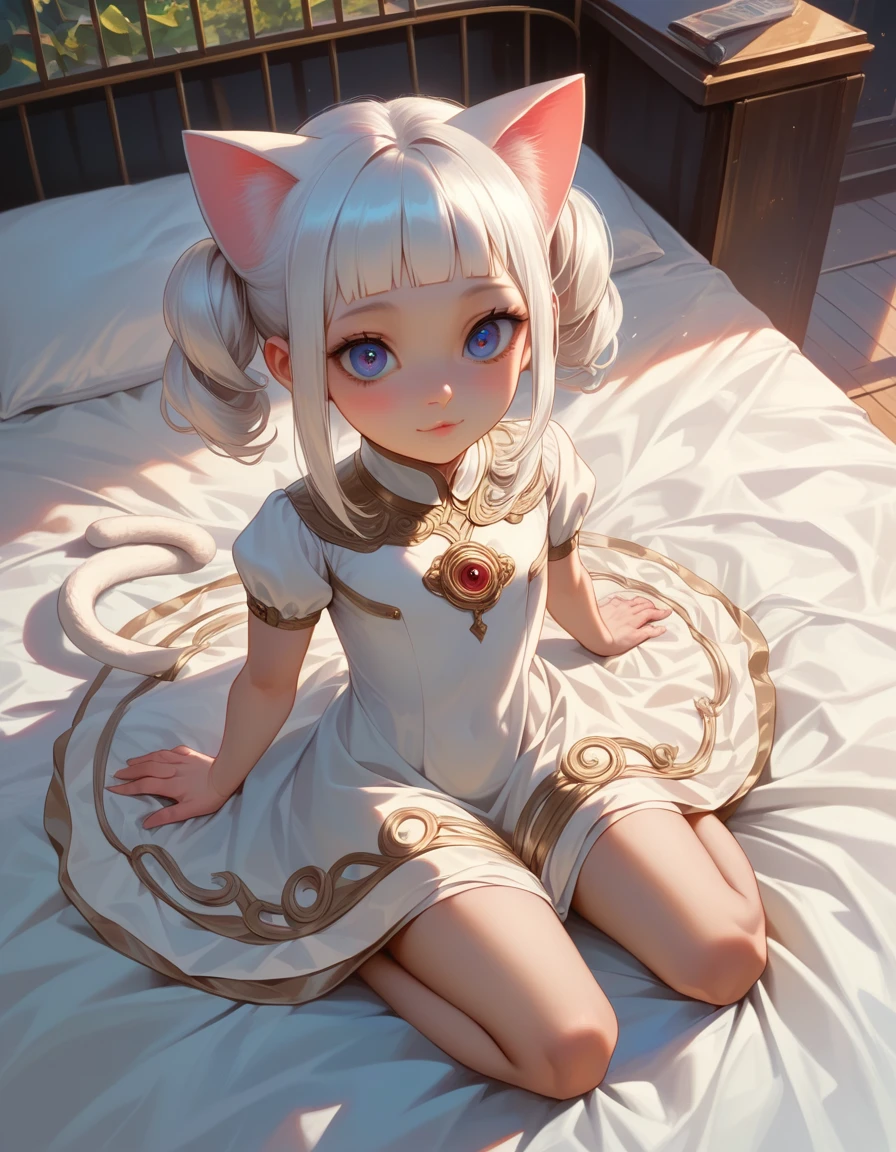 Lazy wind,wide blue eyes,White hair,Dull hair,Beast-eared maiden,White tones,Lie down,spread their legs,Presents a W-shape,Grip the white quilt in your hand,1girll,Solo,adolable,looking at viewert,white dresses,Big hazy eyes,Facial details are exquisite,slightly open your mouth,Rosy face,There are slight beads of sweat on the body,Beth,onbed,Impeccable,Cute pose,Cartoon cute cat's paw gloves