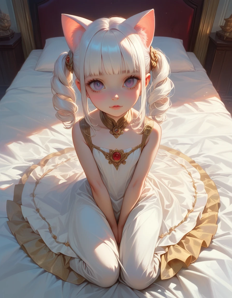 Long-haired anime girl sitting on bed, cat ears, from the girl front, cute anime waifu wearing beautiful clothes, seductive anime girl, white-haired deity, exquisite details. Loli in dress, anime 4k , delicate,masterpiece, beautiful detailed, finely detailed, intricate details, (realistic:1.2), (almost no light:1.2),(film noise:1.4), 1 man, donlee, (full body),delicate and beautiful CG artwork),(best quality, ultra-detailed, high resolution),(dynamic angle, dynamic lighting), (looking at viewer:1.2)