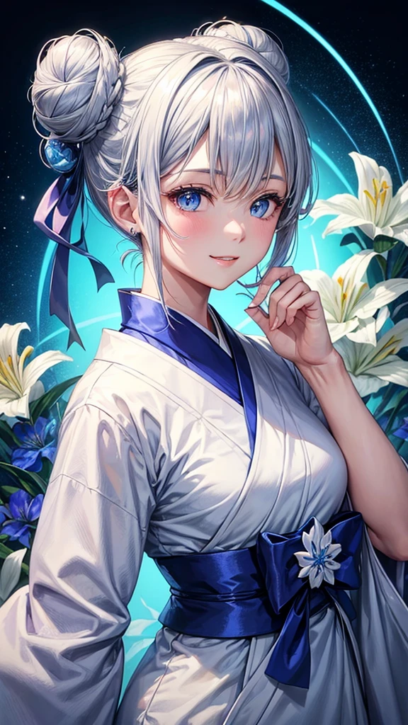 Anime character, half body only, upper body only, half body portrait, posing like a model, good looking, beautiful, full of details, aesthetic, hd, masterpiece art, amazing work. Solo, young girl, hair in bun, one bun, just one bun, flower accessories in bun, bluish gray colored hair, Lady, blue eyes, smile, elegant look, elegant carrying, white Japanese kimono, blue decoration, Lily flower theme, eyes facing camera, there are no hands to hinder the appearance, simple background.