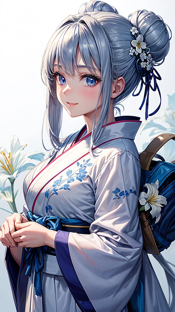 Anime character, half body only, upper body only, half body portrait, posing like a model, good looking, beautiful, full of details, aesthetic, hd, masterpiece art, amazing work. Solo, young girl, hair in bun, one bun, just one bun, flower accessories in bun, bluish gray colored hair, Lady, blue eyes, smile, elegant look, elegant carrying, white Japanese kimono, blue decoration, Lily flower theme, eyes facing camera, there are no hands to hinder the appearance, simple background.