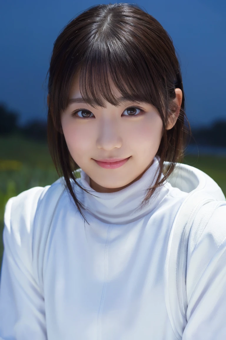 masterpiece, Highest quality, One Woman, (White space suit、turtleneck:1.2), 22 years old、(RAW Photos, Highest quality), (reality, Realistic:1.4), Upper Body、Clean look、Iris、very detailed eyes and face, Beautiful and detailed nose, beautiful eyes, Perfect Anatomy、Black short hair、bangs、Crystal skin, A cool smile、Face Focus、Movie Proof、night、The background is a starry sky