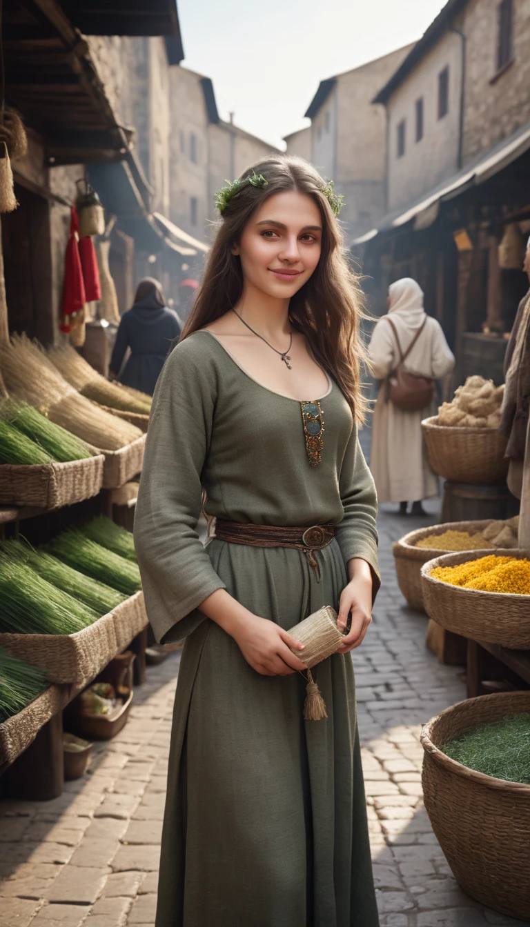 Highest quality realistic photos, Bare skin texture, Hair texture, Girl selling herbs and holy water in a medieval market, Poor clothes, Very beautiful face