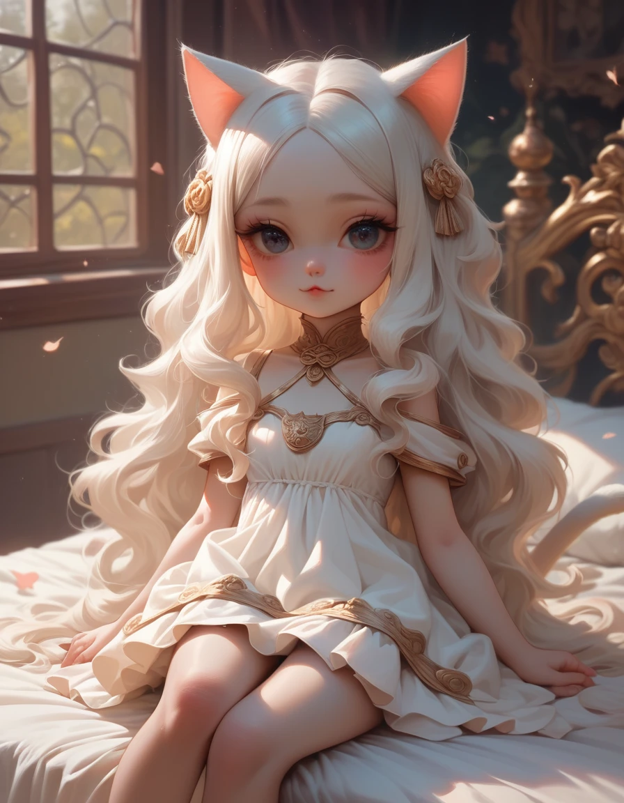 Long-haired anime girl sitting on bed, cat ears, from the girl front, cute anime waifu wearing beautiful clothes, seductive anime girl, white-haired deity, exquisite details. Loli in dress, anime 4k