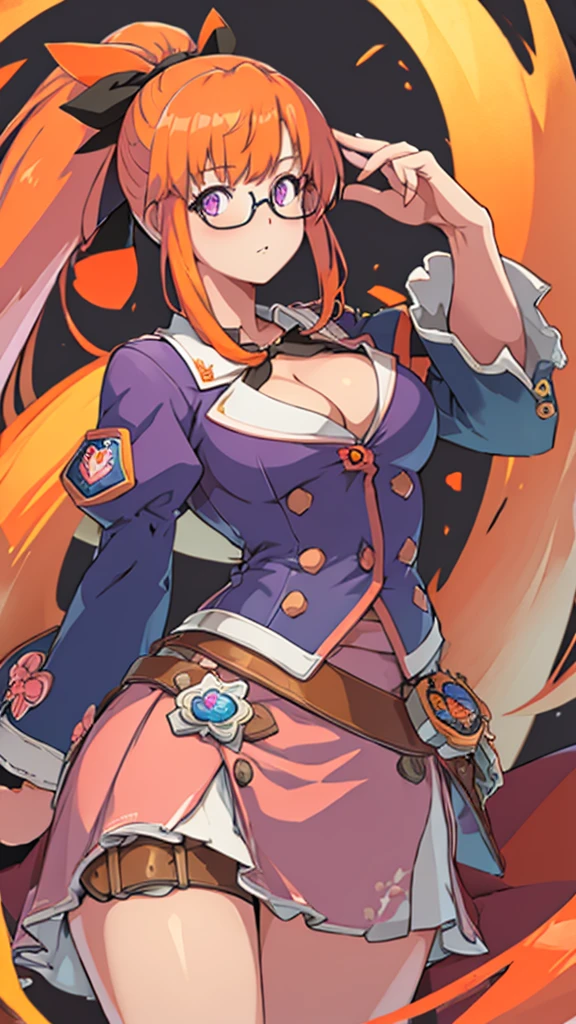 High detailed, 1 girl, fletcher, orange long ponytail, ponytail's ribbon, orange hair, round glasses, purple eyes, mid busty, firm body, genetics uniform , Juliet sleeves, pencil pink skirt, deep cleavage, Juliet sleeves 