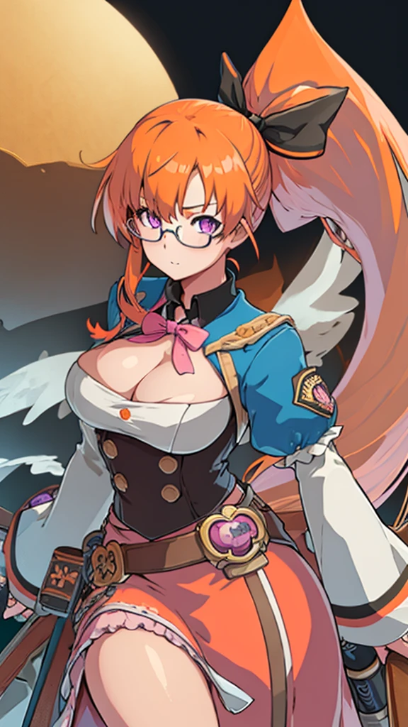 High detailed, 1 girl, fletcher, orange long ponytail, ponytail's ribbon, orange hair, round glasses, purple eyes, mid busty, firm body, genetics uniform , Juliet sleeves, pencil pink skirt, deep cleavage, Juliet sleeves