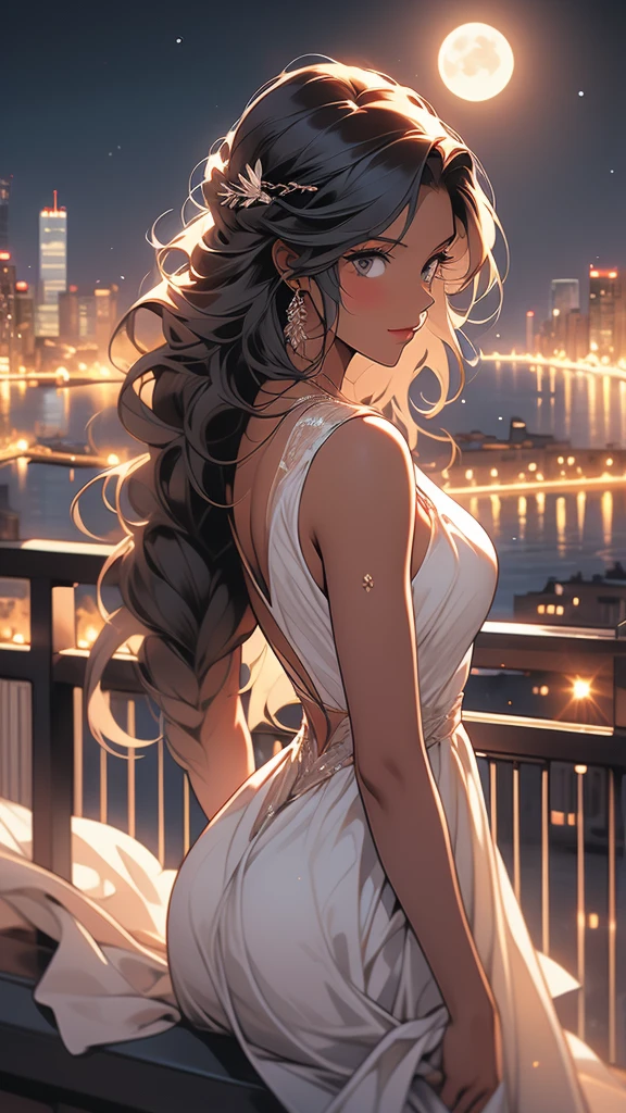 a girl in white dress on ledge overlooking city skyline by water with moon, sun, and cityscape lights, 1girl, solo, braid, long hair, night, dark-skinned female, moon, dark skin, cityscape, city lights