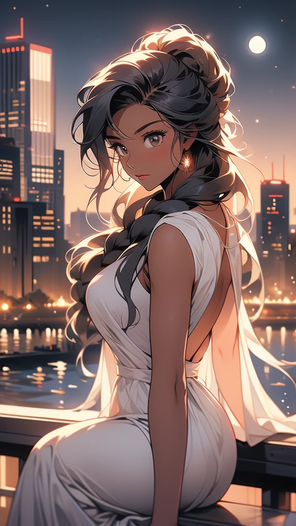 a girl in white dress on ledge overlooking city skyline by water with moon, sun, and cityscape lights, 1girl, solo, braid, long hair, night, dark-skinned female, moon, dark skin, cityscape, city lights