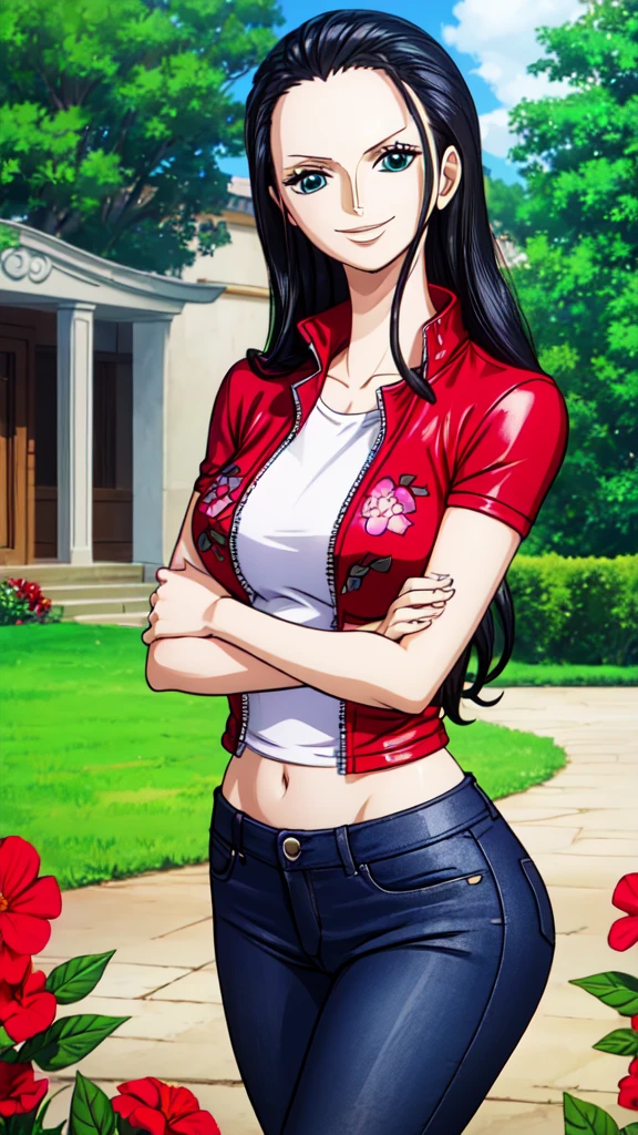 ((best quality)), ((masterpiece)), (detailed), ( nico robin ) , big breasts , wearing black leather jacket over red printed t-shirt and blue jeans , in garden , looking at camera  and smiling 