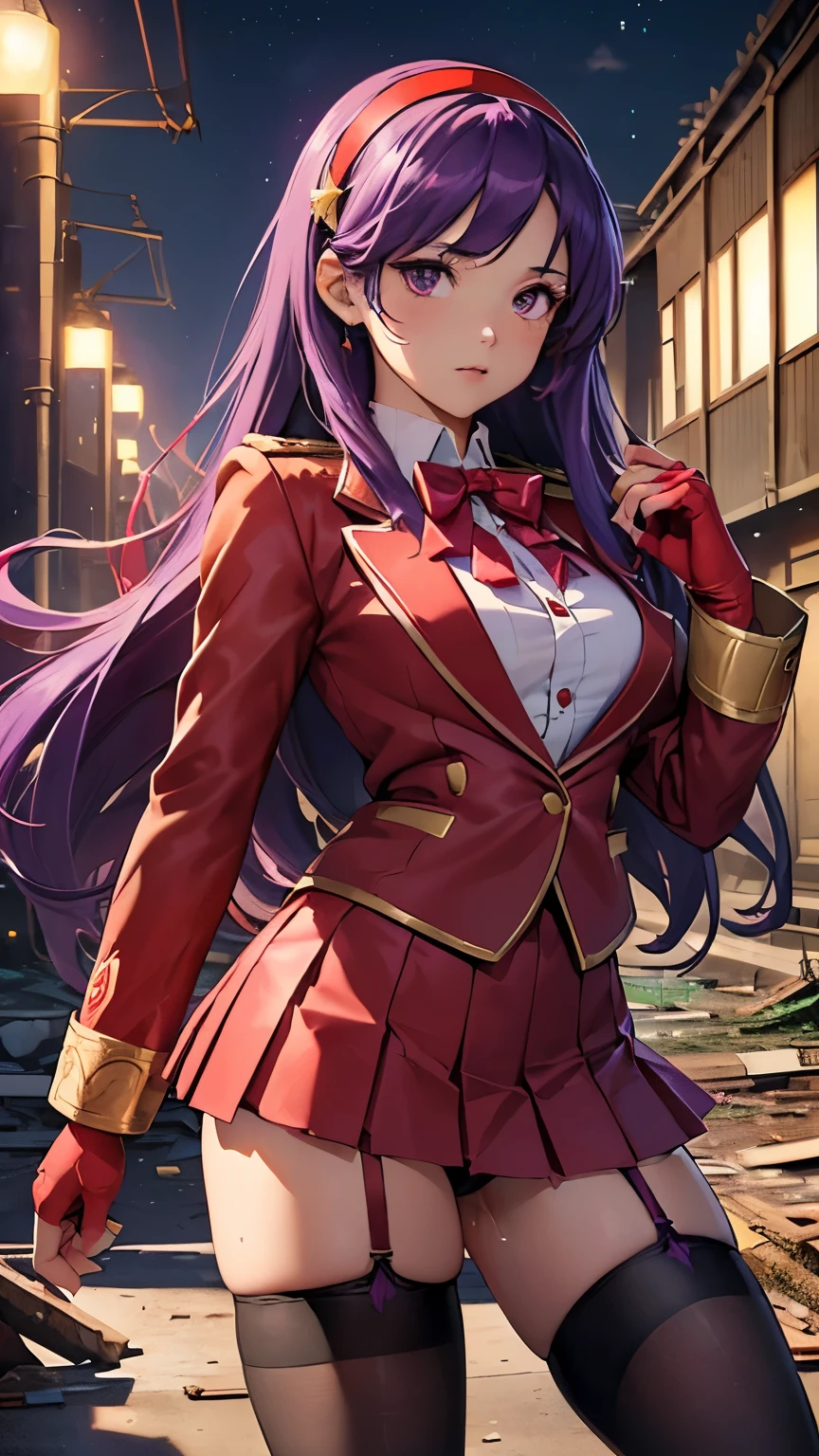 Athena Asamiya，((Beautiful purple long hair，Red headband))，(8k，Realistic，RAW Photos，Highest quality:1.28)，Beautiful Face，Realistic lips，Beautiful and detailed hair，Charm，Intricate details，Very beautiful and detailed eyes，(Red Blazer Uniform，Red gloves on both hands，Pleated mini skirt，Black Tin High Stockings:1.35)，Bullish expression，Intricate details，Supermodel，A pure and righteous super idol，(He is facing the thug with his legs apart:1.25)，(Sexy panties visible:1.27)，Detailed Pixels，Dynamic Angle，((Abandoned factory at night:1.23))，Professional Lighting，((Pussy juice:1.1))