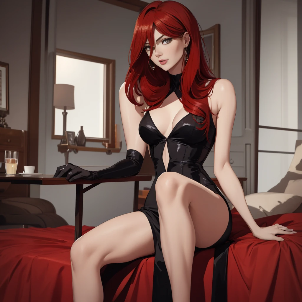 arafed photo of a woman in a black dress sitting on a bed, ((RED HAIR ))glamour pose, olga buzova, sexy pose, elegant seducing pose, sexy dominant pose, glamorous pose, very sexy pose, seductive lady, glamour photography, claudia schiffer, attractive pose, skintight black clothes,