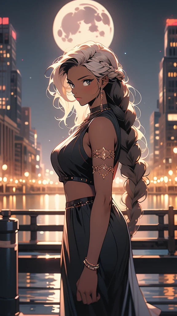 a woman with a braid standing on a pier looking at the river, 1girl, solo, braid, long hair, night, dark-skinned female, moon, dark skin, cityscape, city lights,HoloDayo XL