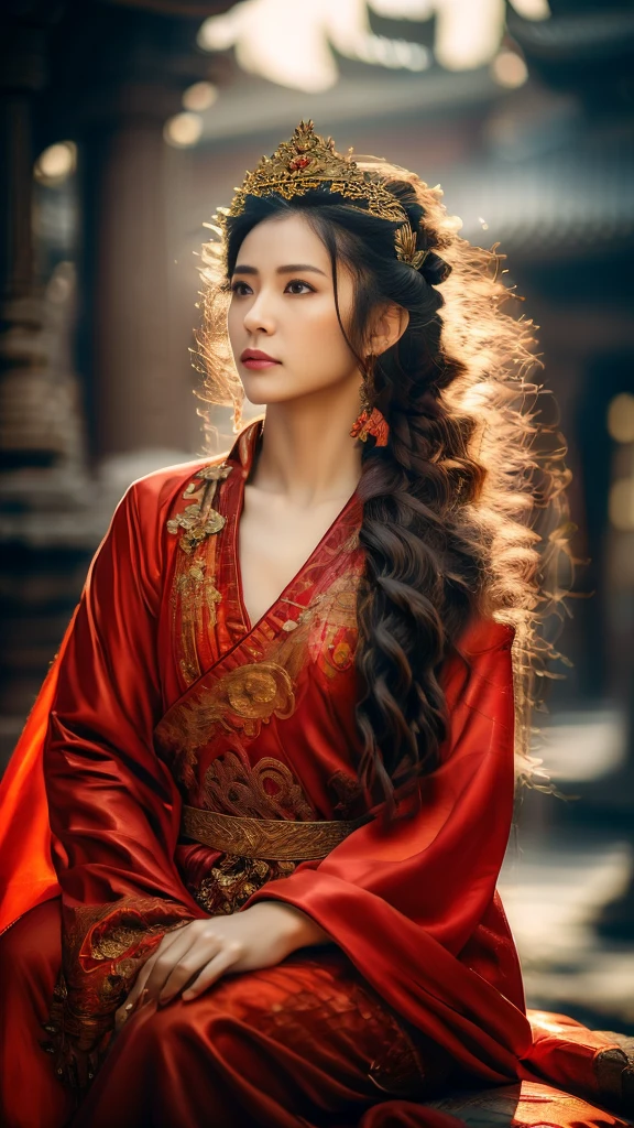 Generate an old monk，Wearing a red cassock，Sitting cross-legged in the temple，Hands together，Dusk light，close up，delicate face，Beautiful scenery，HD details，