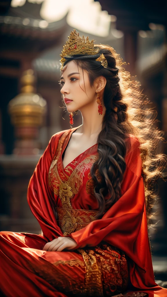 Generate an old monk，Wearing a red cassock，Sitting cross-legged in the temple，Hands together，Dusk light，close up，delicate face，Beautiful scenery，HD details，