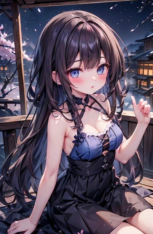 1 female、whole body、lower angle、Brown Hair、Long Hair、Well-groomed face、Dark lips、blue eyes、Blue dress、valley、slim、mini skirt、cherry blossoms、cherry blossoms吹雪、petal、Hot Spring Town、night、full moon、masterpiece、Ultra-high resolution、delicate、Perfect lighting、sunlight、16K