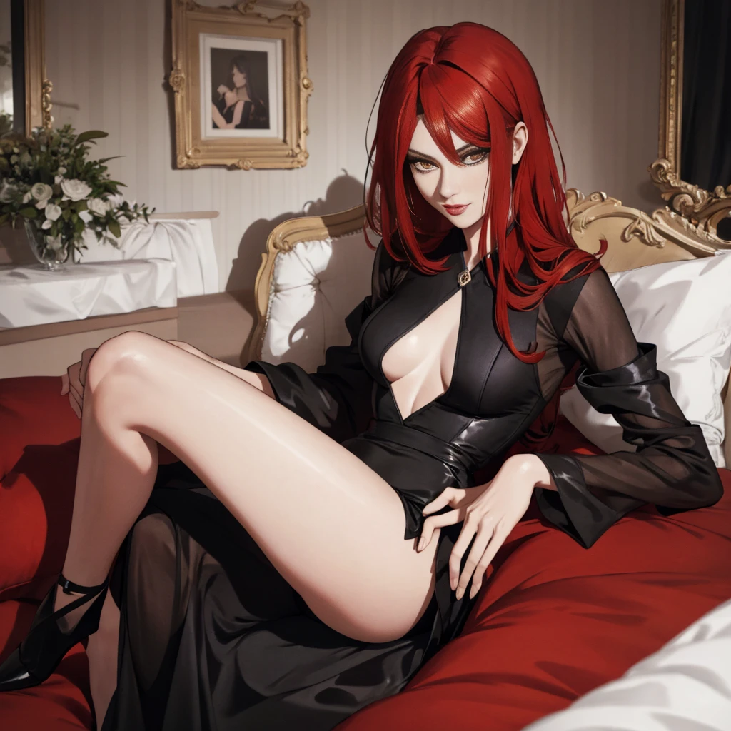 arafed photo of a woman in a black dress sitting on a bed, ((RED HAIR ))glamour pose, olga buzova, sexy pose, elegant seducing pose, sexy dominant pose, glamorous pose, very sexy pose, seductive lady, glamour photography, claudia schiffer, attractive pose, skintight black clothes,