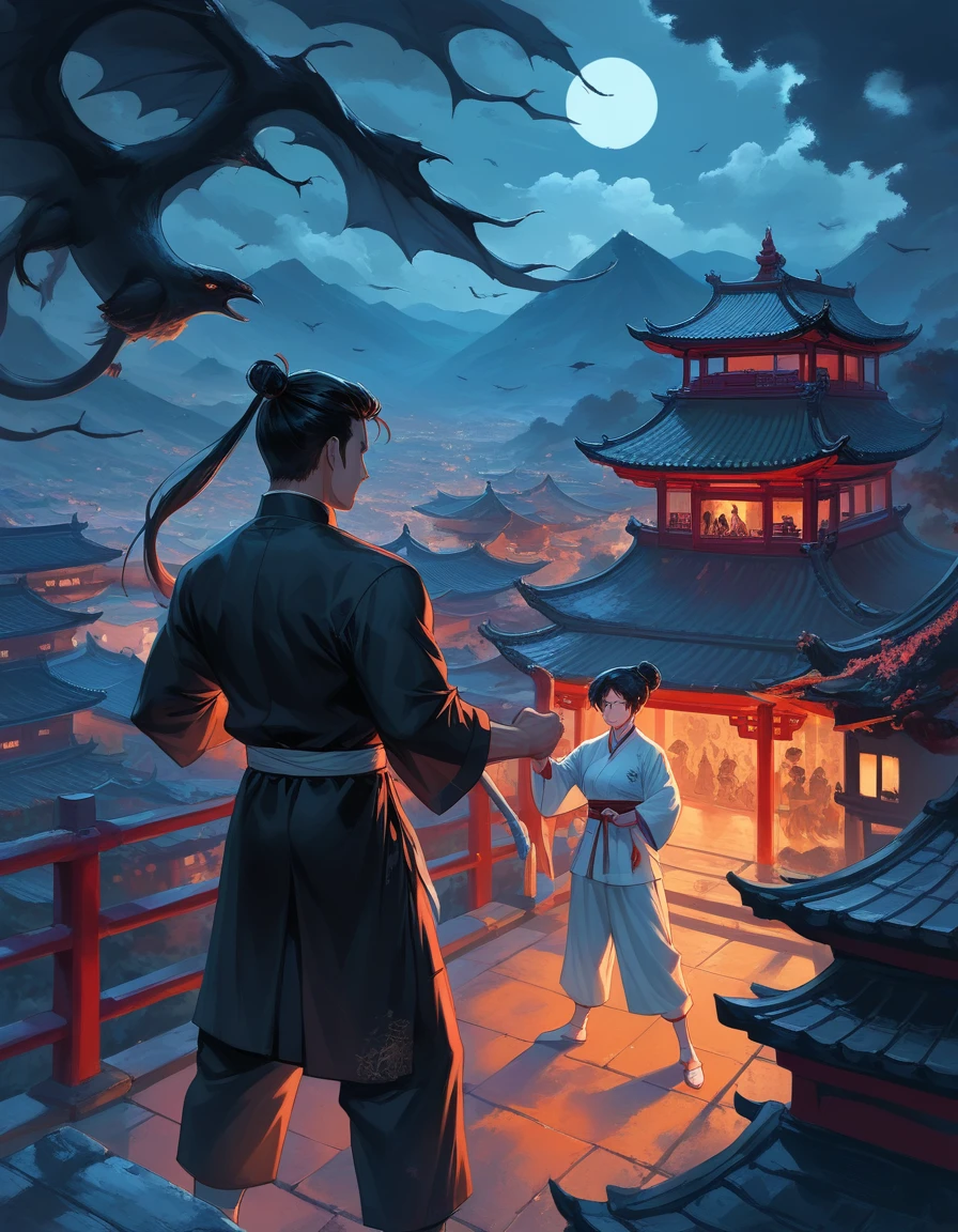 (((best quality))),(((ultra detailed))),(((masterpiece))),illustration,1man,1woman,swordsman,woman warrior,traditional Chinese clothing,standing,ink style,martial arts,pose,rooftop,moonlight,night,background,ancient Chinese architecture,misty mountains,silhouette,serenity --ar 16:9