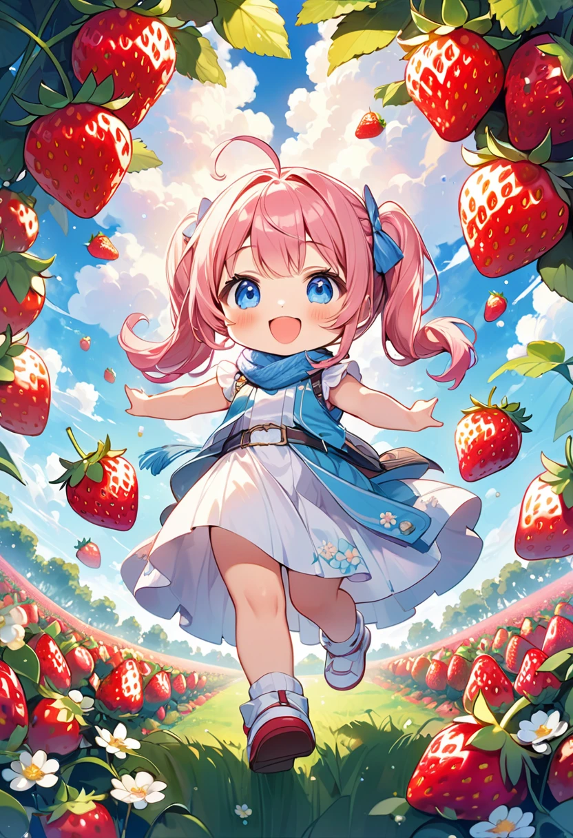 Highest quality、High resolution、Detailed Background、Beautiful face in every detail、Anatomically correct、Detailed facial expressions、fine grain、((full body, from below:1.8, side shot)), break　((One Girl:1.2)、(Chibi Girl:1.2))、Cute hair color、Big beautiful blue eyes、Fuller lips、Pink Lips、Braided twin tails、Ahoge、(Walking through the strawberry fields:1.2)、(Cute sleeveless winter clothes、Cute muffler、Long skirt、Cute sneakers)、break　((skip:1.2))、((stretch both arms horizontally:1.2))、I have nothing in my hands)、(Happy expression:1.2、Big smile:1.2)、Sweat、break　(The background is the winter sky、Winter clouds、Flower storm、Frog)