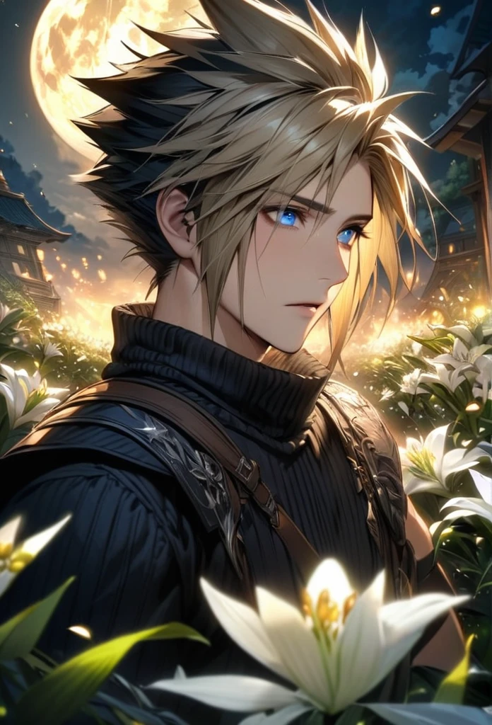 absurdres, highres, ultra detailed, HDR, master piece, best quality, Zack, black hair, expressive blue eyes, Final Fantasy, Cloud Strife, blond hair, expressive blue eyes, 2men, handsome, petals, white lilies, moon, fireflies, extremely detailed face and eyes