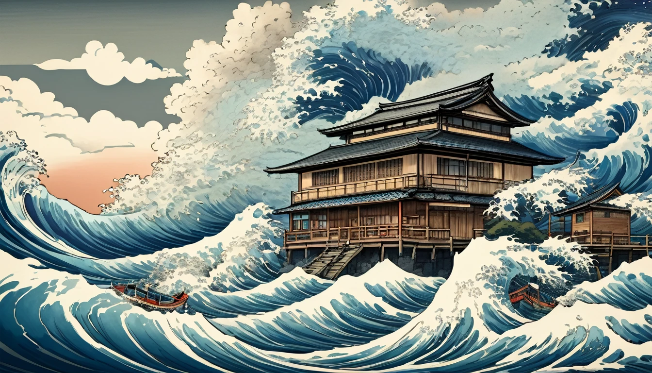 A picture of a Japanese house with big waves crashing into it, Hokusai style, katsushika Hokusai style, Inspired by Shunkōsai Hokushū, inspired by Utagawa Hiroshige II, inspired by Katsuchika Hokusai, Japanese art style, Traditional Japanese concept art, feudal japan art