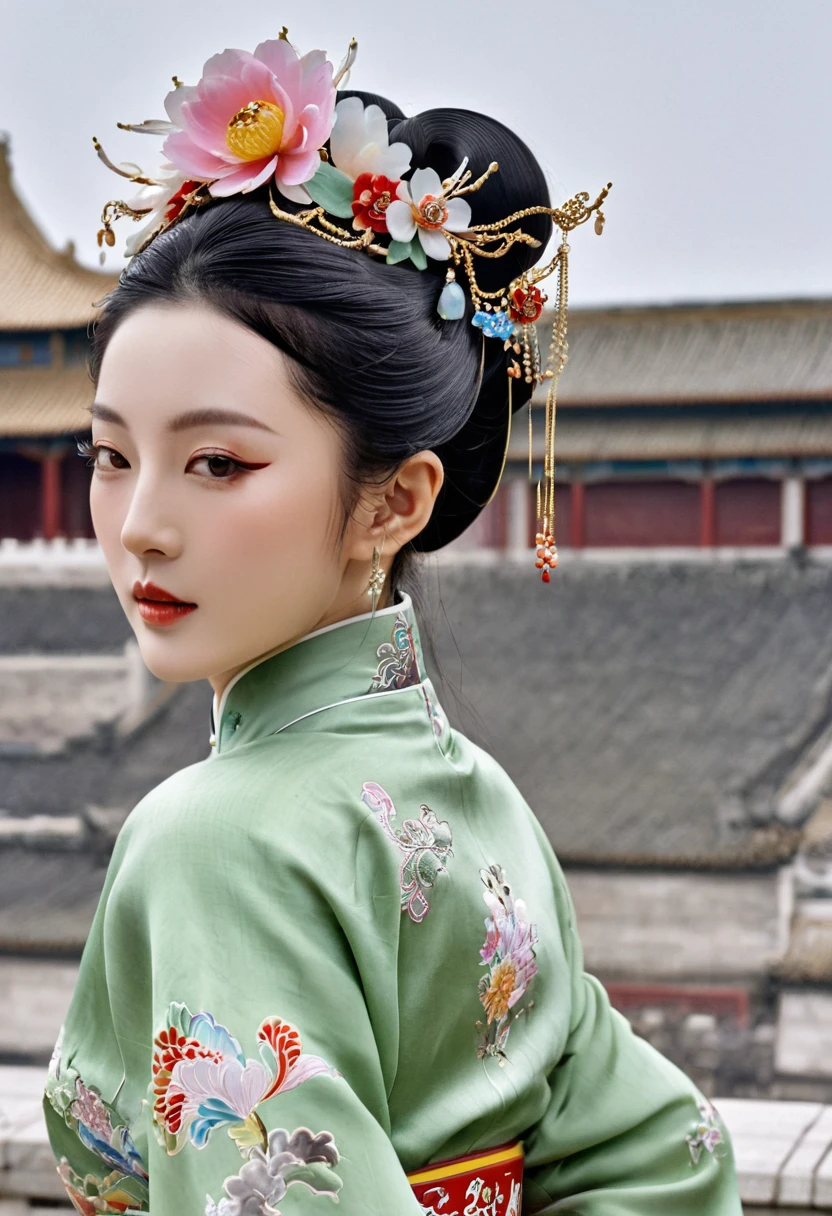 The image of a Qing Dynasty Empress with her bare buttocks visible. The background is the stone paving outside a Chinese palace during the Qing Dynasty. Only her large buttocks are sticking out. She is either wearing underwear or not. Her protruding buttocks are floating up in the air.
Her hair is decorated with a large flower ornament and a large crown.
The back of the hair is tied up and up. Erotic Woman
