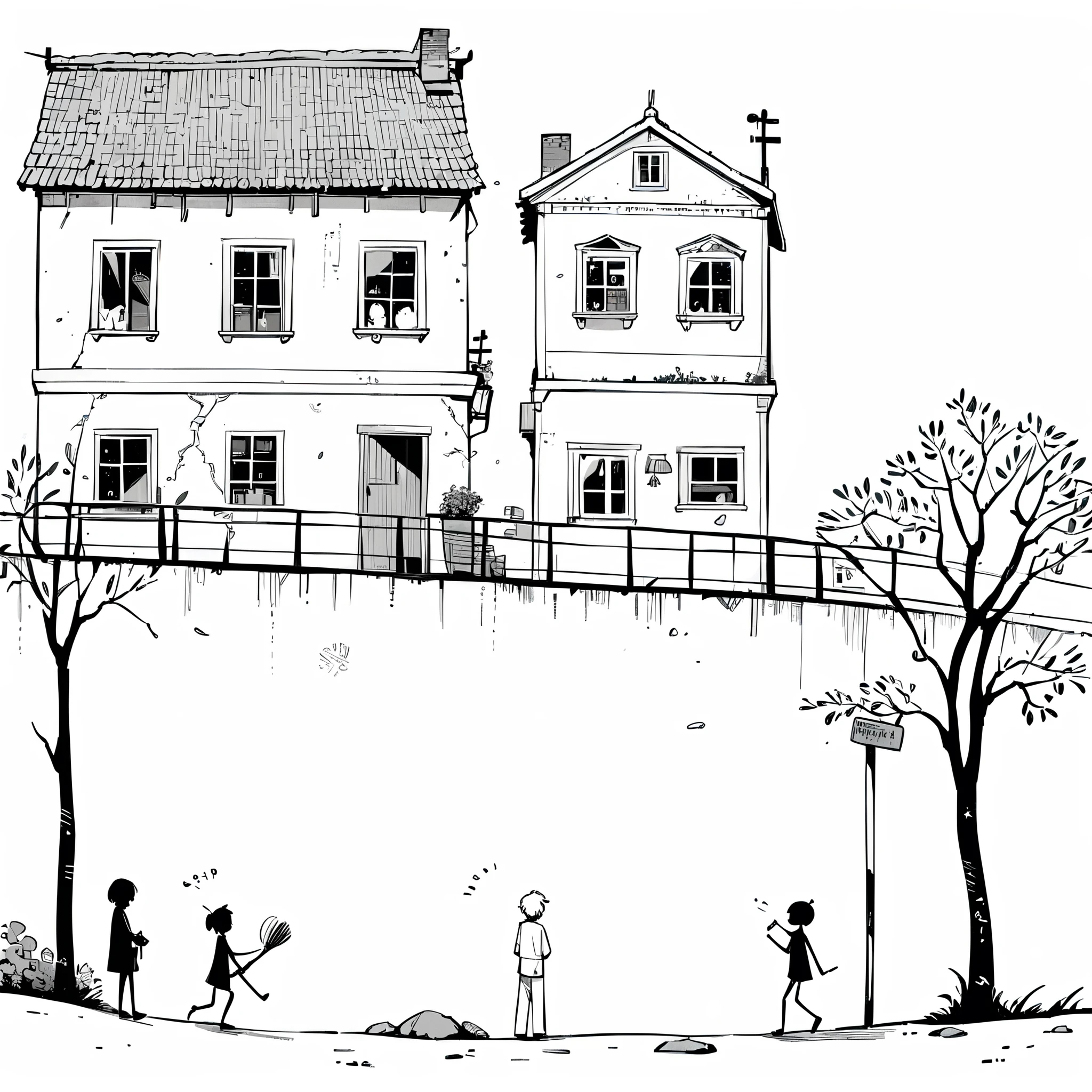 {the style of adrian tomine -【Flat coating】-},in style of Alessandro Gottardo-【Flat coating】-
{children's stick figure:2.1},chinese style,(((white_background))),(large area of white space canvas:1.6),{the upper side of the picture is all white:1.4},{minimalist style:1.2},scene design of stick figure
BREAK
{1 boy and 1 old man and 1 shabby houses:2},outdoors