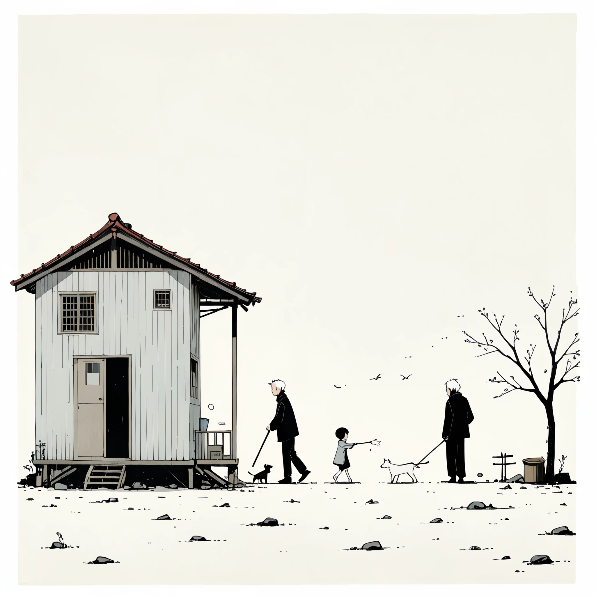 {the style of adrian tomine -【Flat coating】-},in style of Alessandro Gottardo-【Flat coating】-
{children's stick figure:2.1},chinese style,(((white_background))),(large area of white space canvas:1.6),{the upper side of the picture is all white:1.4},{minimalist style:1.2},scene design of stick figure
BREAK
{1 boy and 1 old man and 1 shabby houses:2},outdoors
