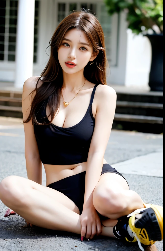 (masterpiece:1.3), (8 thousand, realistic, RAW photos, best quality: 1.4), (1 woman),(((short workout shorts))), (((tank top))), ((두 다리와 양쪽 발에 짙은색 realistic 불투명한 커피색 panty hose : 1.3))), (Stockings on both legs), (((Two beautiful little feet in stockings with sneakers on))), ((full body shot))), (outdoors in sunny weather), (walking like a model), (Beautiful makeover), (((very slim and beautiful body))) , (((Realistic and very beautiful face))), (long eyelashes), (double eyelid), (((Very beautiful eyes, realistic and delicate))), (((big bust))) , (((Strong body through exercise))), (((beautiful abs))), (((Beautiful heaps))), (((tall))), (((brown hair, parted, long hair:1.3))), (아름다운 parted스타일), (realistic and beautiful skin), (absurd), (attractive), (((long hair를 뒤로 묶고))), (ultra high resolution), (extremely realistic), (very detailed), (((golden ratio))), (((Two long, realistic and beautiful legs))), (((realistic and beautiful arms))), (necklace), (earring),(beautiful nails manicure), (((So beautiful and sexy))), (((high nose))), (((small nostrils))), (((beautiful mouth))), (((seductive lips))), (((big bust)))