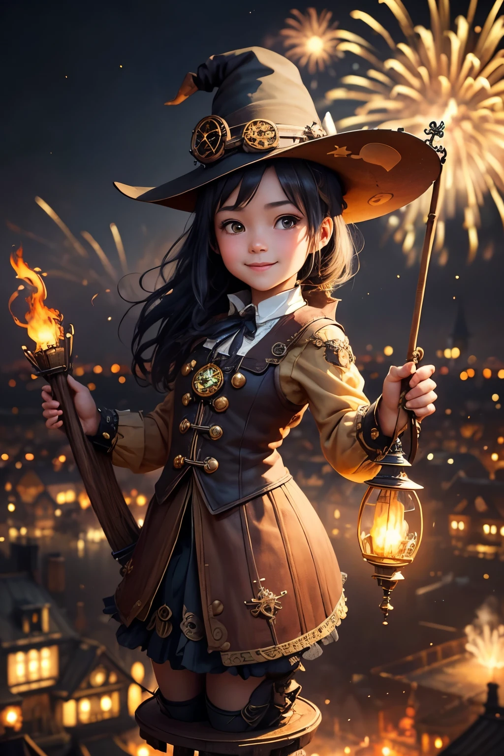 (Highest quality:1.2)。steampunkai。One Girl。little cute witch。Flying on a broomstick。Overlooking the riverside fireworks display。A happy smile。The background overlooks a Victorian-style townscape.。
