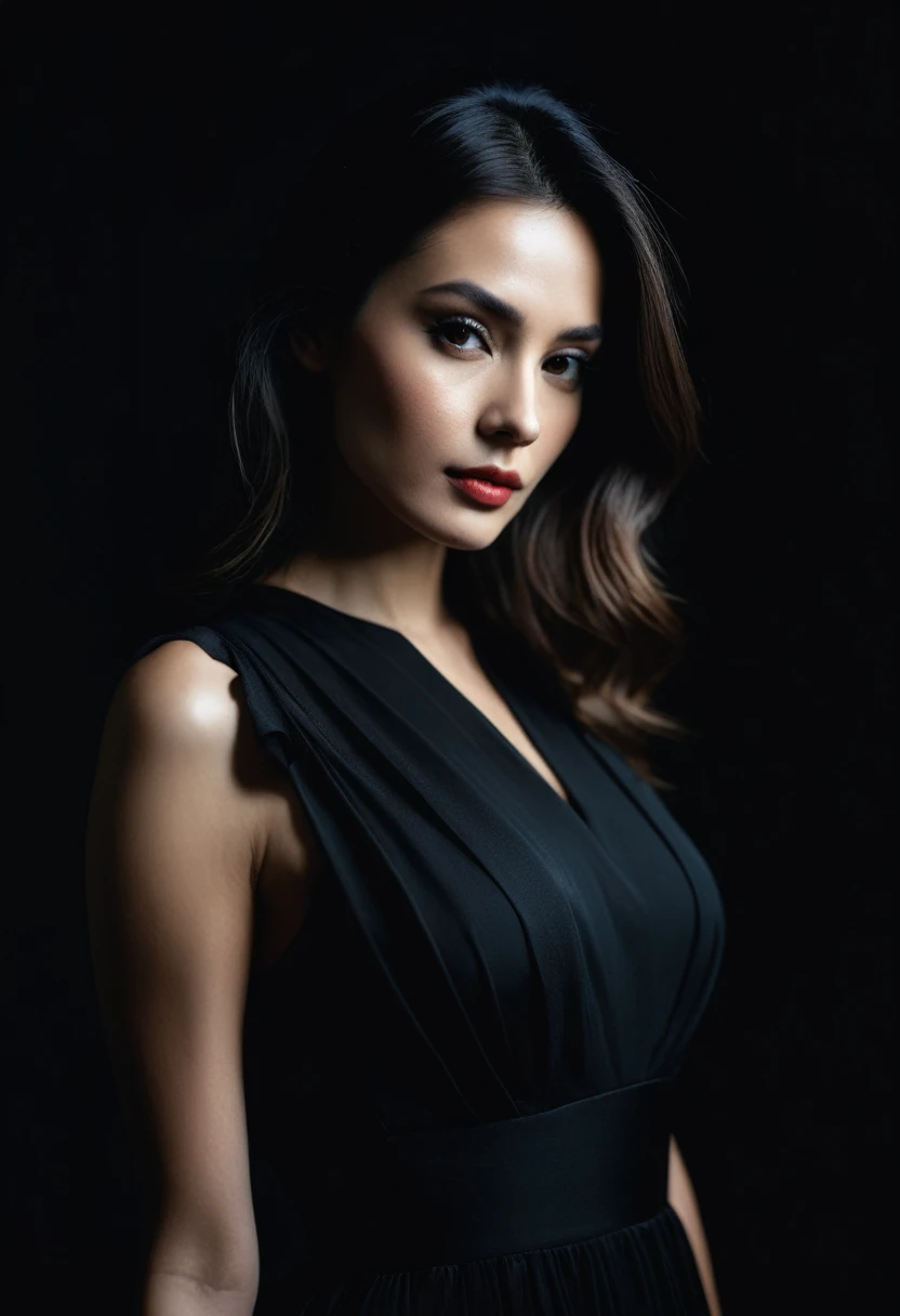 dark shot, film grain, A close up of a woman in a beautiful black dress and a black background, ultra clear, high quality