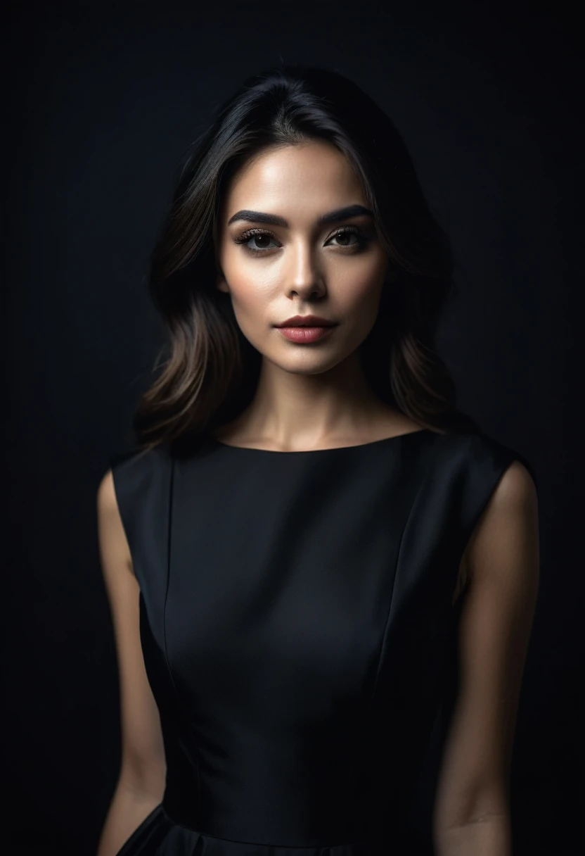 dark shot, film grain, A close up of a woman in a beautiful black dress and a black background, ultra clear, high quality
