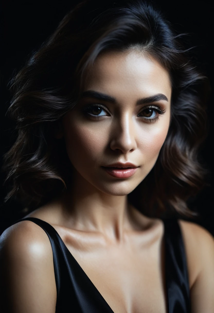 dark shot, film grain, A close up of a woman in a beautiful black dress and a black background, ultra clear, high quality