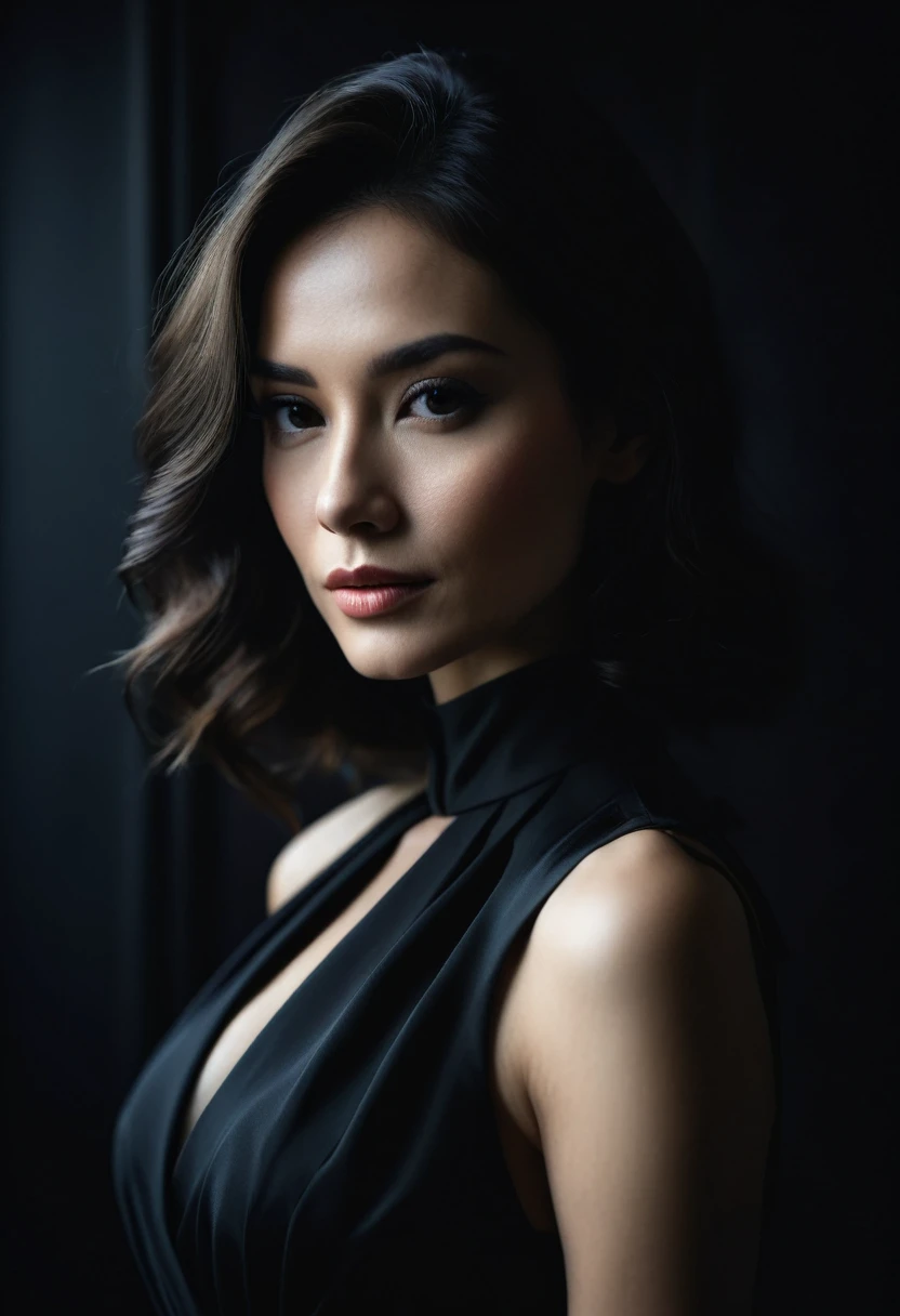 dark shot, film grain, A close up of a woman in a beautiful black dress and a black background, ultra clear, high quality