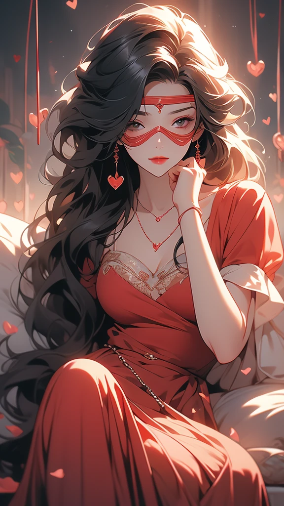 an animation of a woman that has fallen in love with a heart, 1girl, solo, blood, jewelry, necklace, blindfold