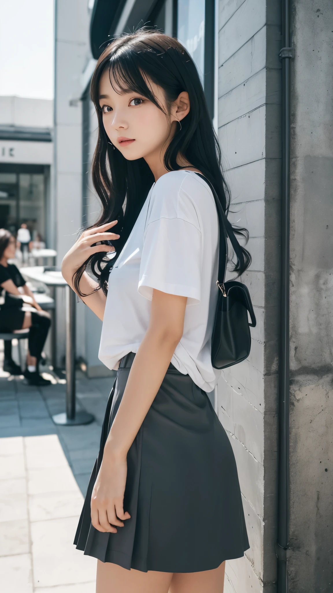 One girl with long black hair and loosely curls her hair is wearing a charcoal gray miniskirt with large pleats and a short white T-shirt, and a small black moon-shaped bag on her shoulder. A stylish cafe with a concrete style in the background