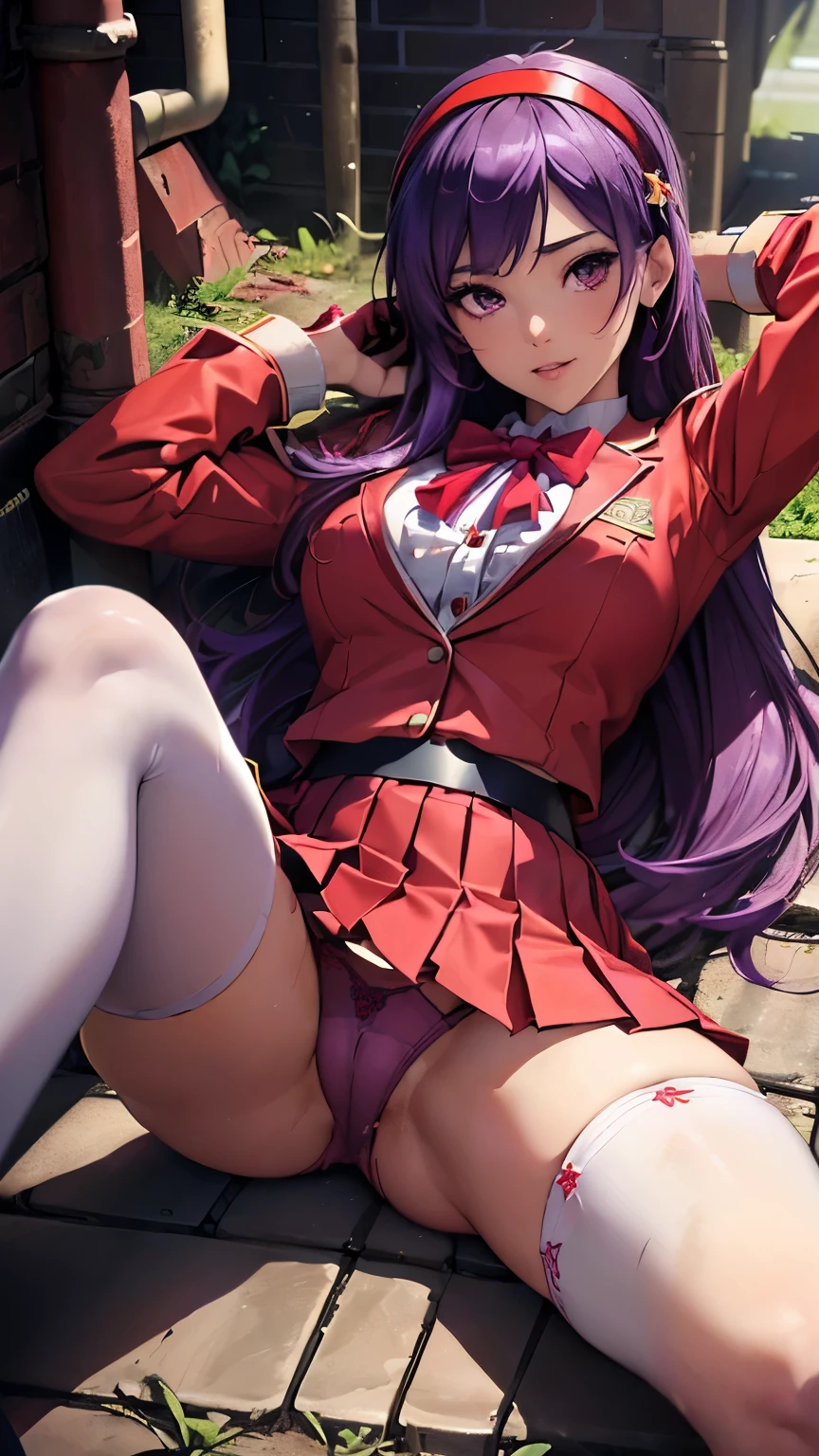 Athena Asamiya，((Beautiful purple long hair，Red headband))，(8k，Realistic，RAW Photos，Highest quality:1.28)，Beautiful Face，Realistic lips，Beautiful and detailed hair，Charm，Intricate details，Very beautiful and detailed eyes，(Red Blazer Uniform，Red gloves on both hands，Pleated mini skirt，Black Tin High Stockings:1.35)，Provocative smile，Intricate details，Supermodel，A pure and righteous super idol，(Lying down and spreading her legs to provoke the assailant:1.25)，(Sexy panties visible:1.27)，Detailed Pixels，Dynamic Angle，((Dark and dirty underground sewer:1.19))，Professional Lighting，((Pussy juice:1.35))