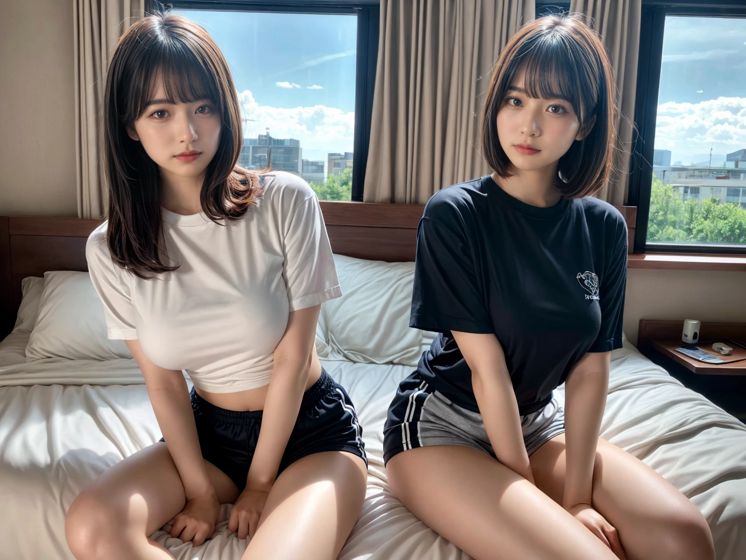 masterpiece, best quality, illustration, Super detailed, fine details, High resolution, 8K,wall paper, perfect dynamic composition,(Details High quality, realistic depiction of eyes:1.3), (2 girls), oversized sport shirt, shorts women, sitting, open legs, short bob hair, in a hotel room in the background, deep on field, large breasts, black hair color, Big Natural Color Lip, (perfect body shape), crying a little、Harajuku style、20 year old girl、cute type、beautiful legs, Gravure Idol