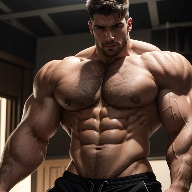 a young and very handsome man, massively muscular, with massively large muscles, with massively large and muscular biceps, with massively large and muscular arms, defined and massively muscular stomach, massively defined and muscular body, shirtless, on a background black