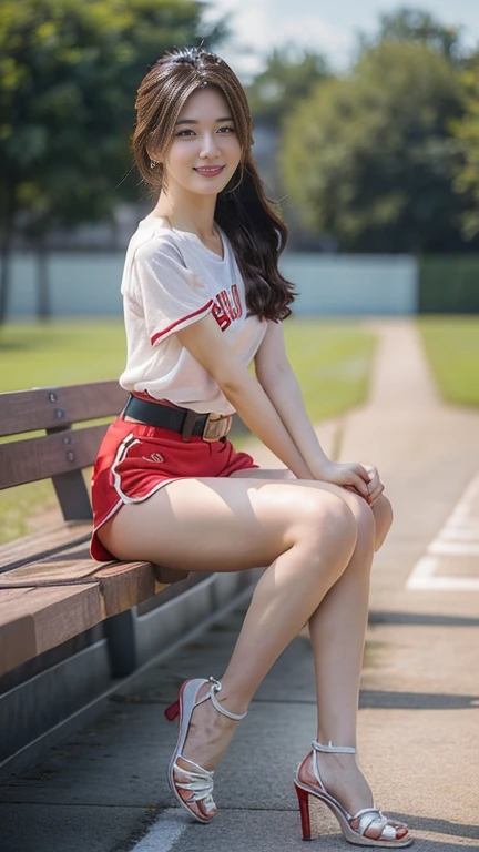 1 girl、(Age 27)、(Highest quality), Realistic, Very detailed, finely, High resolution, (8k), One beautiful woman, (Starry sky baseball field)、(Taiwan Rakuten Cheerleaders)、(Short Ponytail), ((White T-shirt with a red Rakuten logo))、((Red Belt))、((White shorts))、((From the whole body to the toes:1.3)、((Full Body Shot:1.3))、(Big Breasts)、(Big Ass),(Look back and laugh)、 (Look at me and smile),(Side Shot)、(Side view:1.3)、(photoRealistic:1.3),(From the whole body to the toes:1.3)、(Sit on a bench)、(A smile showing white teeth),