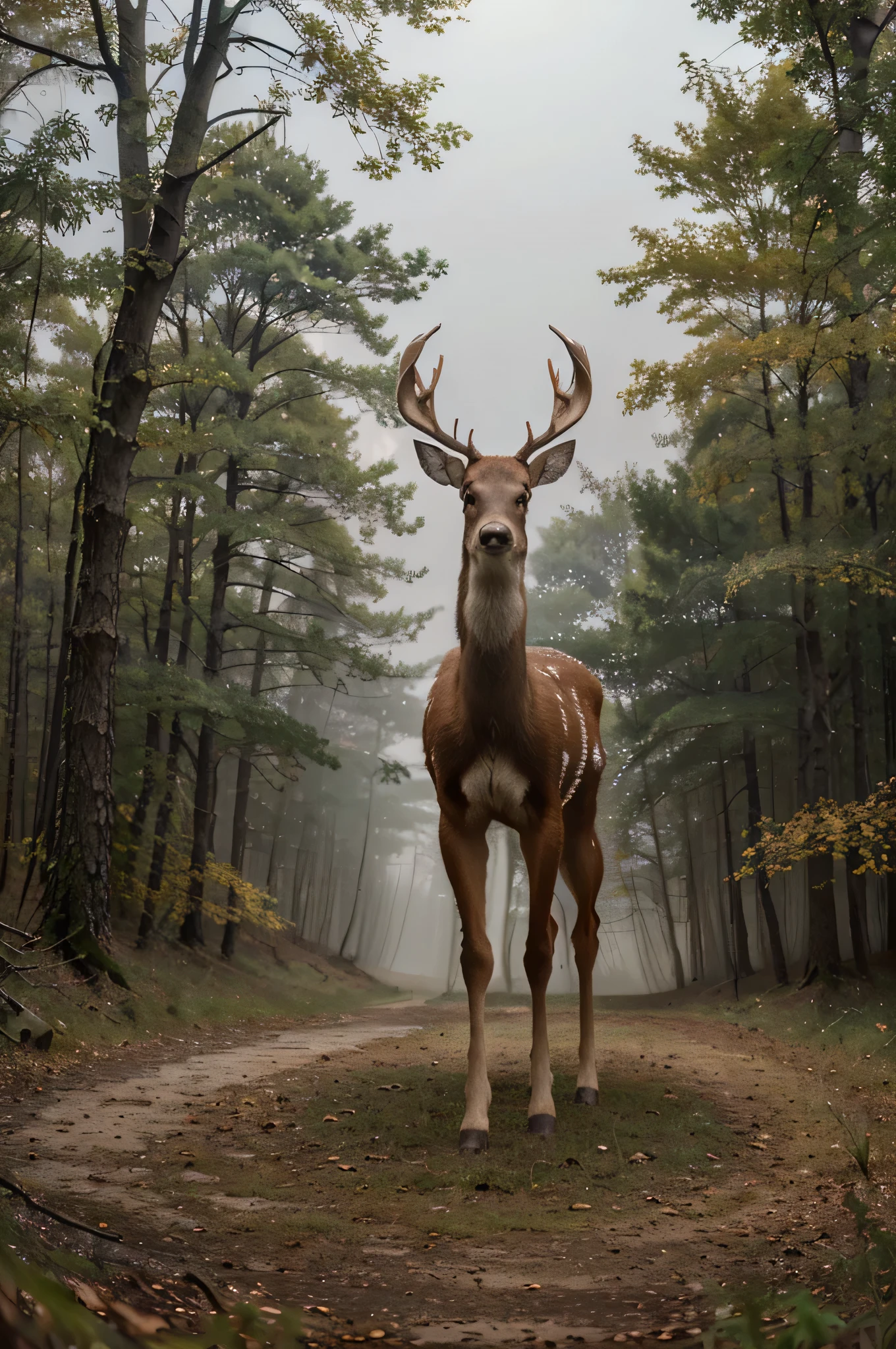 (best quality, 4k, 8k, high resolution, masterpiece: 1.2), ultra detailed, (realistic, photorealistic, photorealistic: 1.37),Beautiful view of autumn, dreamlike, there is a lot of fog in the forest, a deer appears through the fog, magnificent award-winning image.