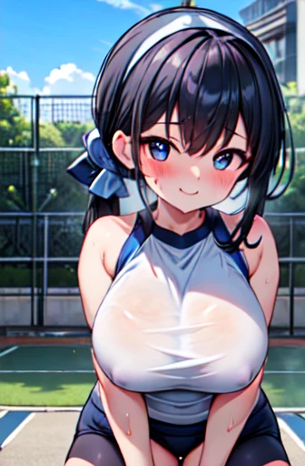 (high quality, High resolution, The finer details), playground, break (brm), (Dark blue bloomers), break (hachimaki), break (White gym clothes), break solo, Curvy Women, Black Hair, Sparkling eyes, (Detailed eyes:1.2), smile, blush, Sweat, Oily skin, West Shot, Shallow depth of field,Large Breasts
