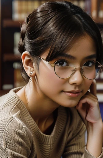 (8k, RAW photo, best quality, masterpiece), (photo realistic), outstanding details, ultra-high resolution, anatomically correct, textured skin, (Extremely precise and accurate anatomy),
Ultra Detailed Face, Detailed Eyes,
A cute 35 year old Japanese girl, (Carrying a few books in the library),
(looking at viewer:1.4),
(light smile:0.3), (Mouth slightly open:0.1),
(chignon:1.4), low chignon, (Small cute nose:1.2) , (small cute mouth:1.2),
(Ultra Detailed Rimless small glasses), pupils sparkling, thin lips, thin eyebrows,
dark brown hair, Forehead,
Earrings,
(white simple summer sweater),
Necklace, ID tag,
(simple cotton flared skirt , Light brown and long length skirt),
(background Spacious library interior, many bookshelves),
(backlighting),
reflection light from below,
atmospheric perspective, depth of field,
(dramatic lighting), cinematic lighting,